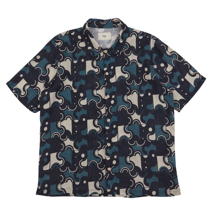 Folk Gabe Shirt Coil Print Indigo - Merchant Menswear