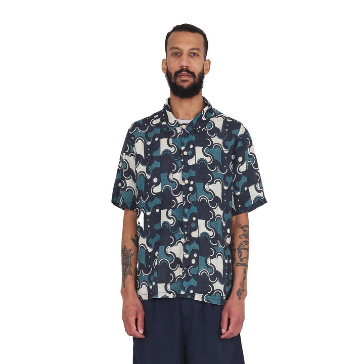 Folk Gabe Shirt Coil Print Indigo - Merchant Menswear