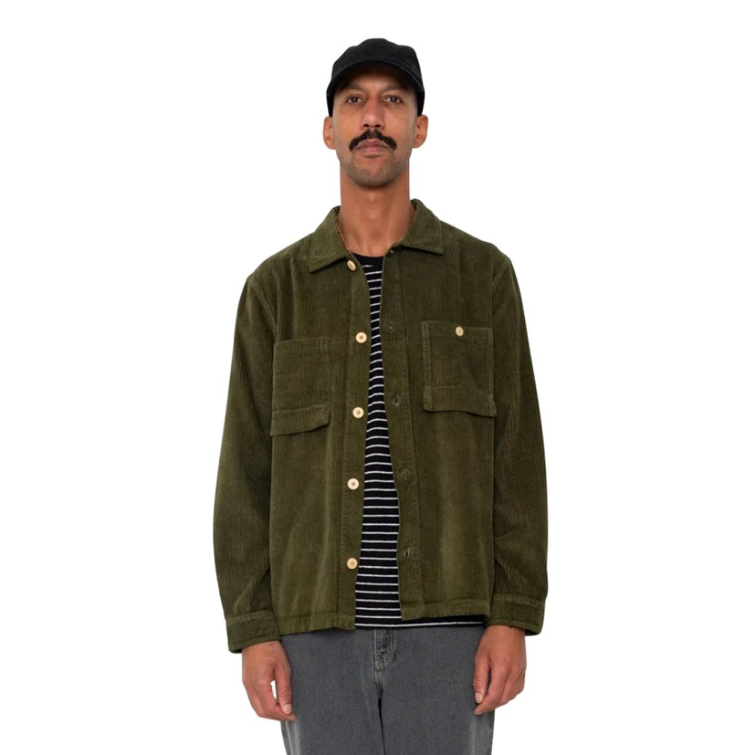 Folk Patch Overshirt Chunky Cord Olive - Merchant Menswear