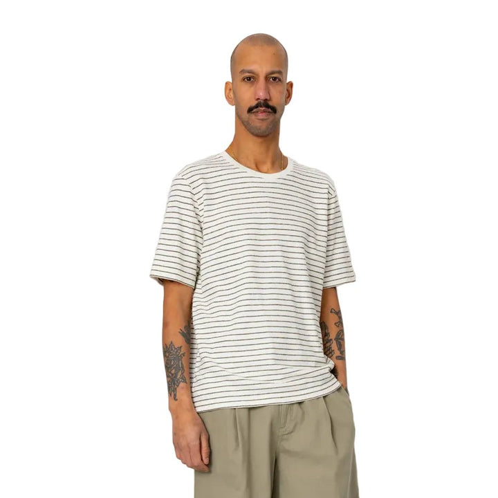 Folk Textured Stripe T-Shirt Ecru/Olive - Merchant Menswear
