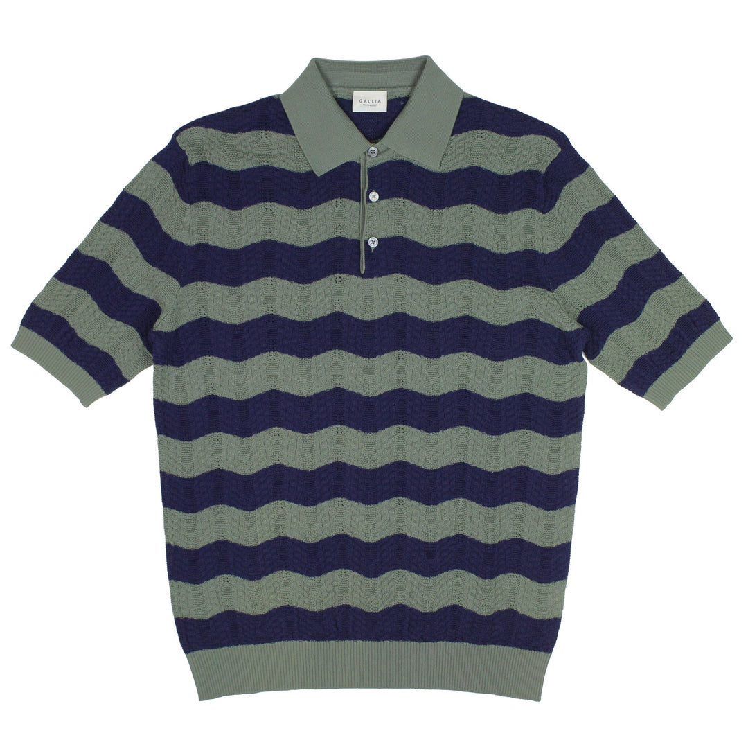 Gallia Knit Project Meret Wavy Stripe Knitted Polo Blue/Sage - Merchant Menswear
