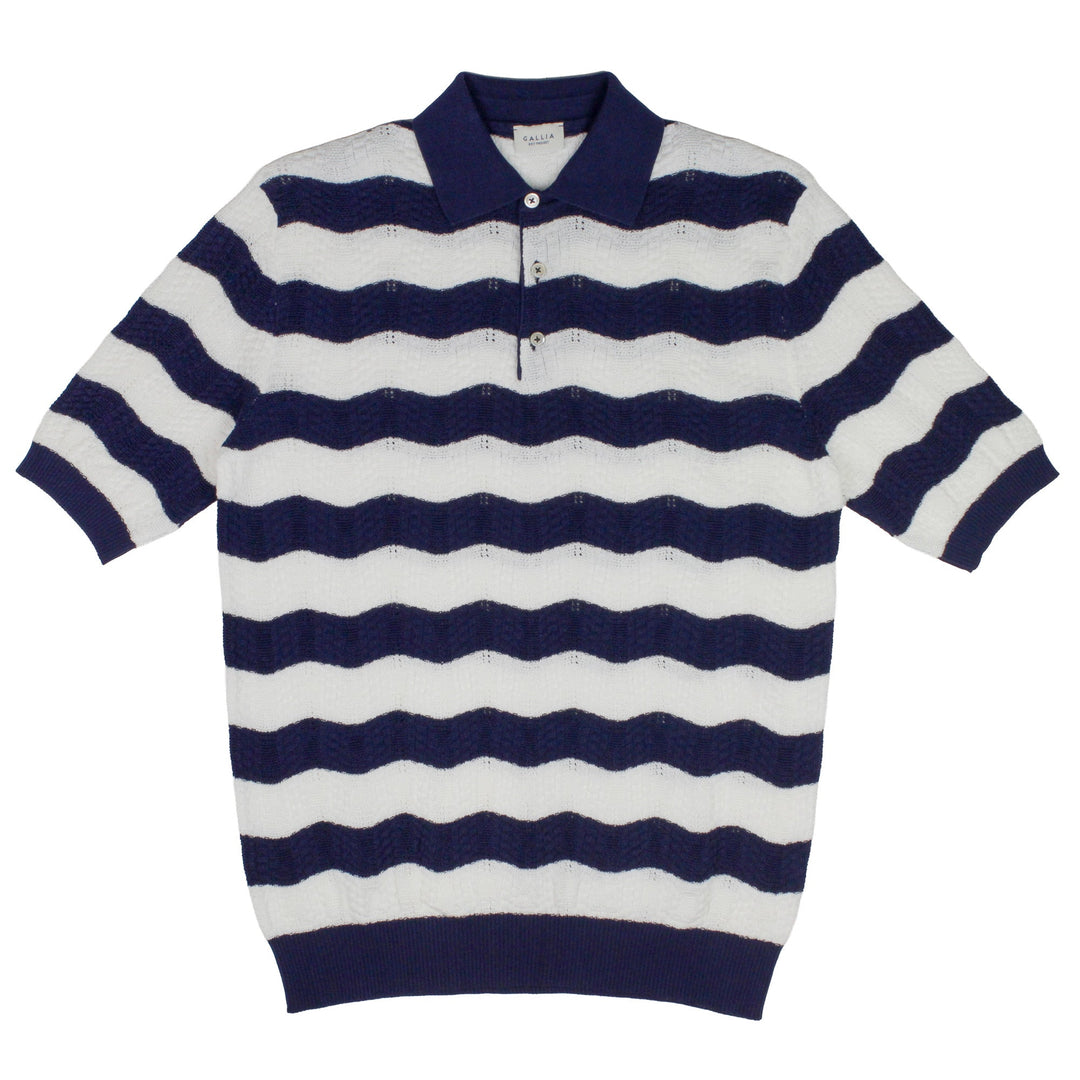 Gallia Knit Project Meret Wavy Stripe Knitted Polo Blue/White - Merchant Menswear