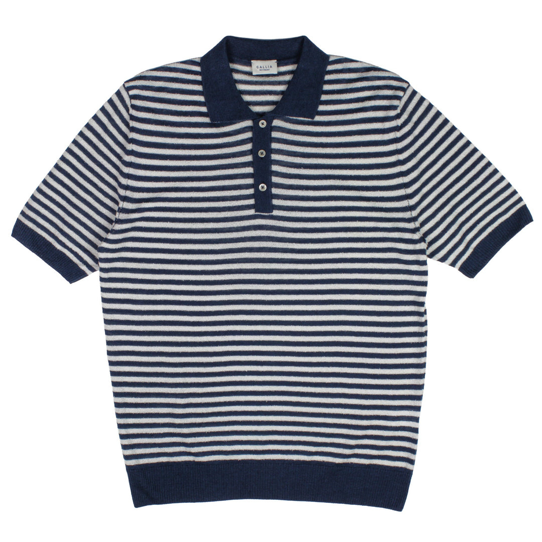 Gallia Knit Project North S/S Stripe Linen/Cotton Polo Navy/White - Merchant Menswear