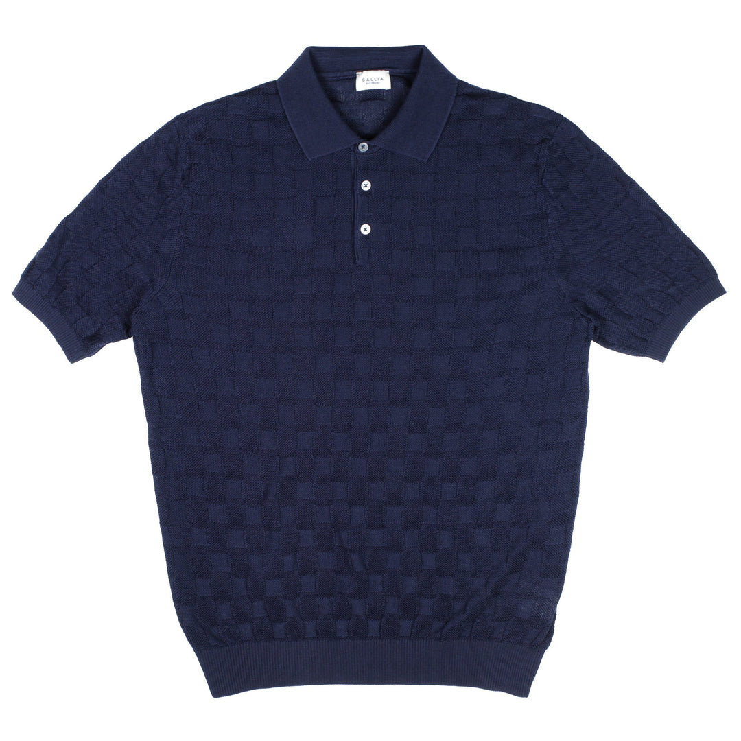 Gallia Knit Project Room S/S Checks Knitted Polo Navy - Merchant Menswear