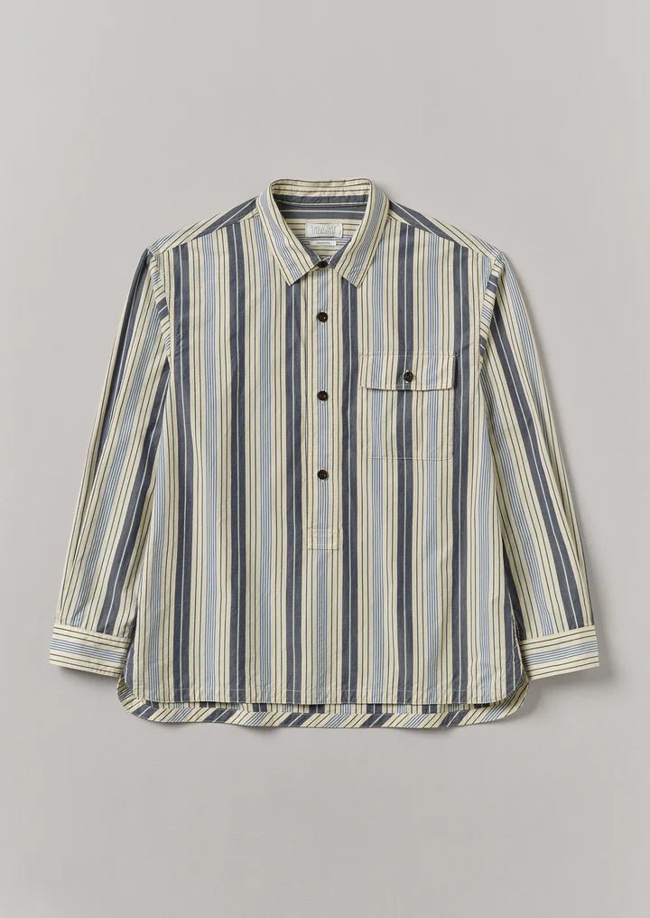 Half Placket Striped Shirt Ecru/Mixed Blues - Merchant Menswear