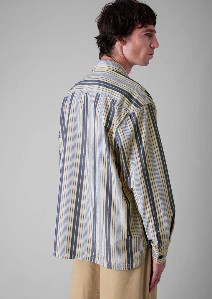 Half Placket Striped Shirt Ecru/Mixed Blues - Merchant Menswear