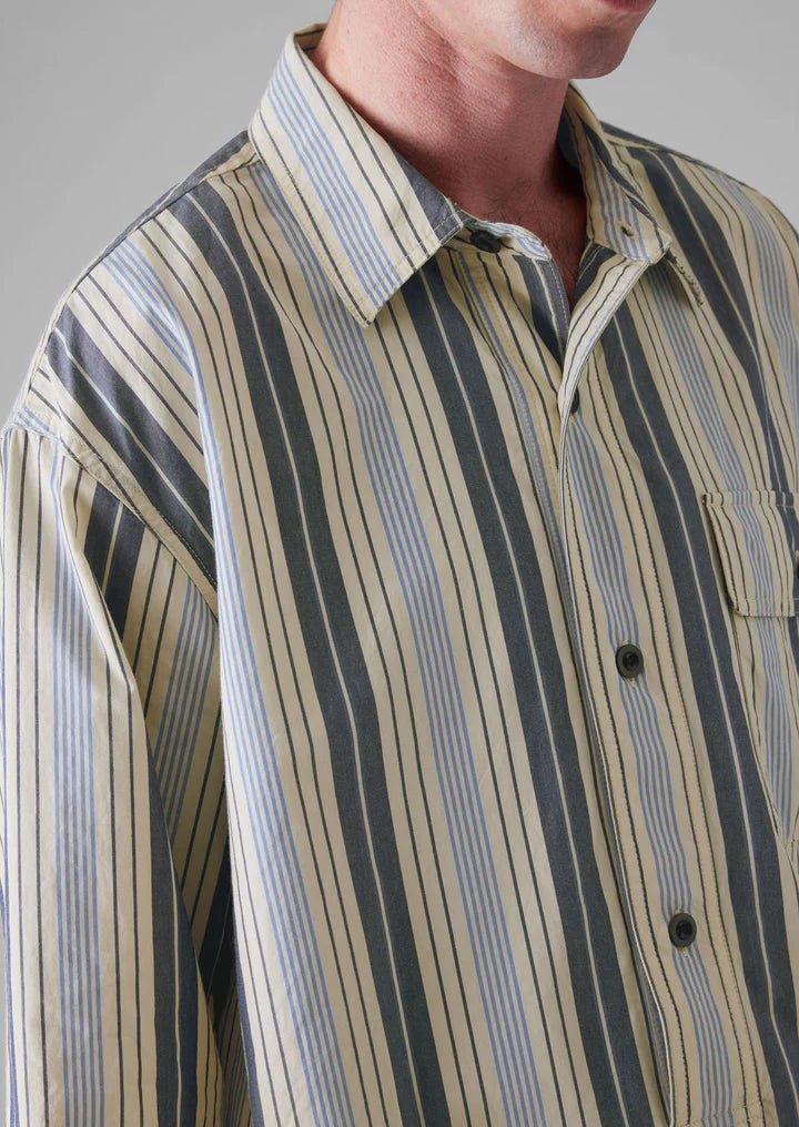 Half Placket Striped Shirt Ecru/Mixed Blues - Merchant Menswear