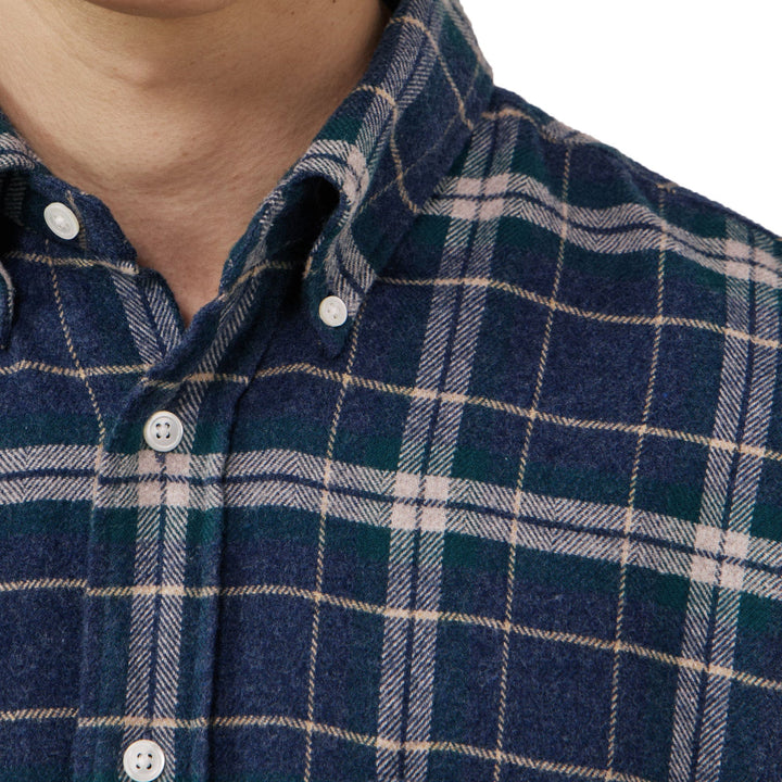 Hartford Pitt Woven Flannel Shirt Blue &amp; Green Check - Merchant Menswear