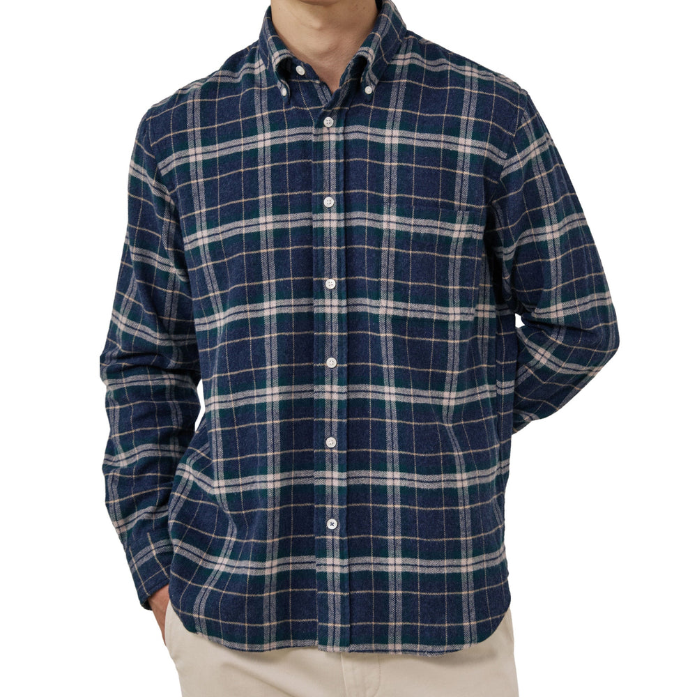 Hartford Pitt Woven Flannel Shirt Blue & Green Check - Merchant Menswear