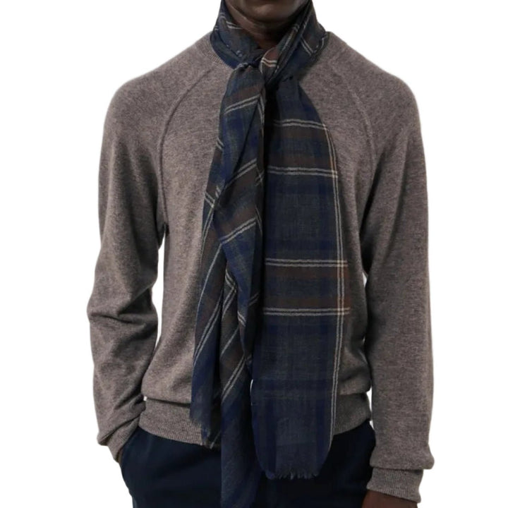Hartford Wool Tartan Scarf Indigo/Grey/Camel - Merchant Menswear