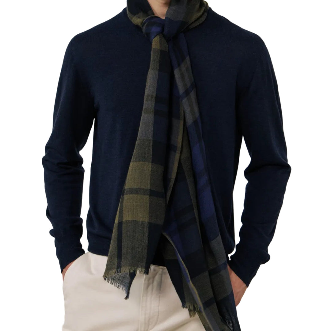 Hartford Wool Tartan Scarf Navy/Indigo/Olive - Merchant Menswear