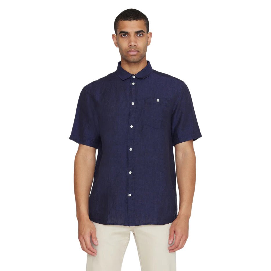 Knowledge Cotton Apparel Linen S/S Shirt Yarn Dyed Total Eclipse - Merchant Menswear