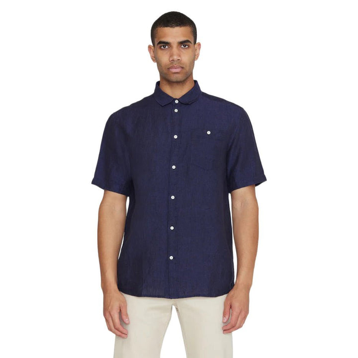 Knowledge Cotton Apparel Linen S/S Shirt Yarn Dyed Total Eclipse - Merchant Menswear