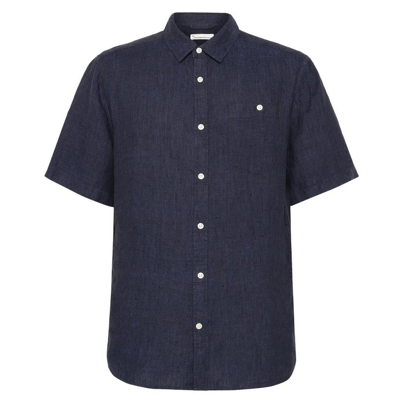 Knowledge Cotton Apparel Linen S/S Shirt Yarn Dyed Total Eclipse - Merchant Menswear