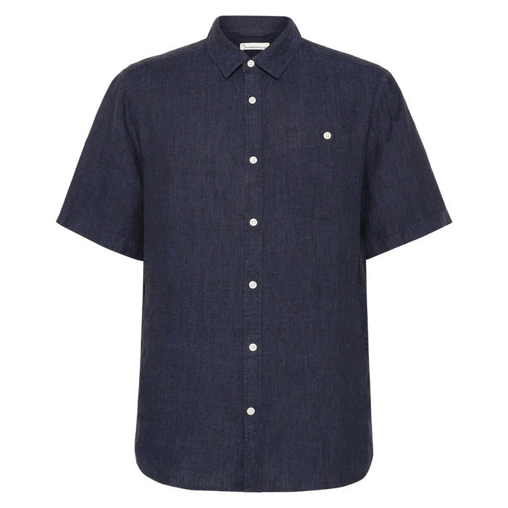 Knowledge Cotton Apparel Linen S/S Shirt Yarn Dyed Total Eclipse - Merchant Menswear