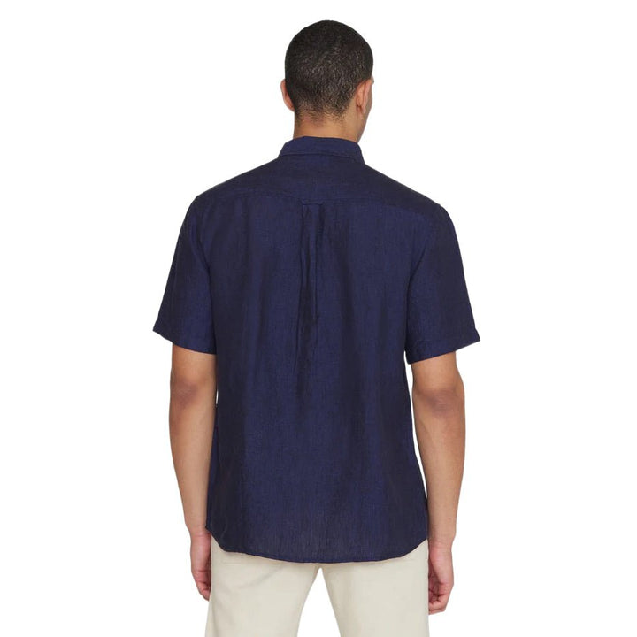 Knowledge Cotton Apparel Linen S/S Shirt Yarn Dyed Total Eclipse - Merchant Menswear