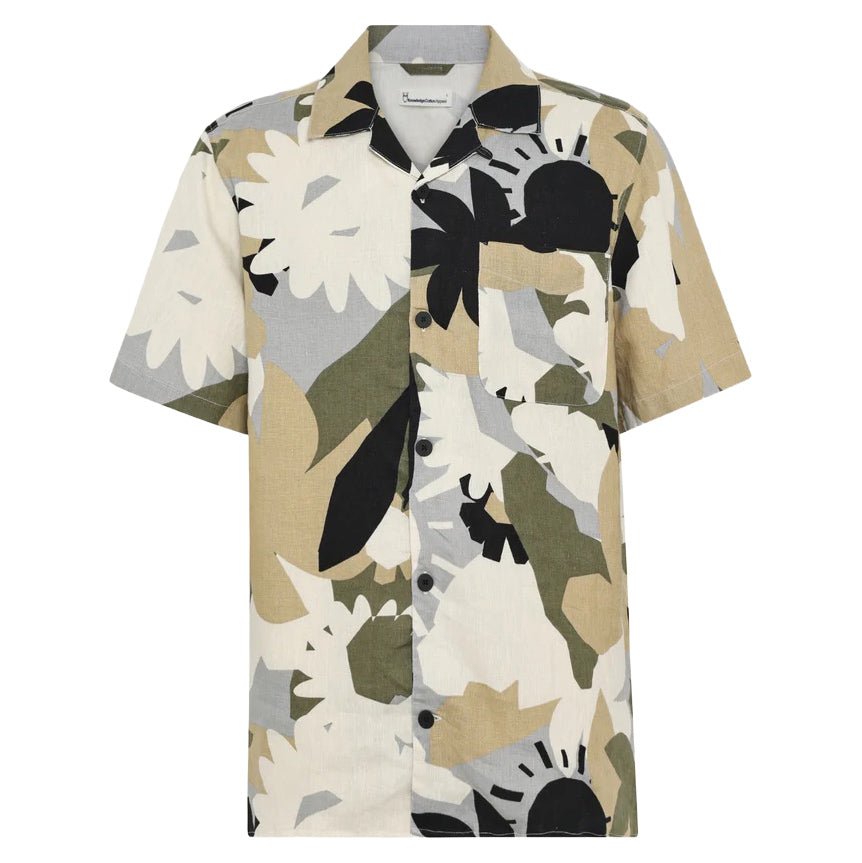 Knowledge Cotton Apparel Loose Fit S/S Linen AOP Shirt Green - Merchant Menswear