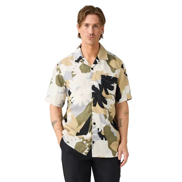 Knowledge Cotton Apparel Loose Fit S/S Linen AOP Shirt Green - Merchant Menswear