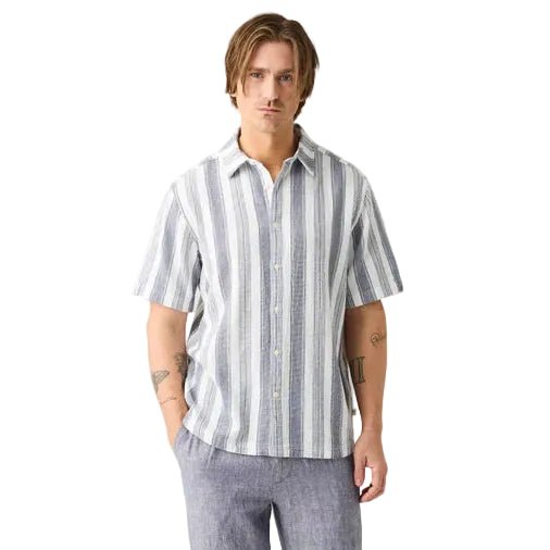 Knowledge Cotton Apparel Organic Cotton Stripe Shirt Blue Stripe Model