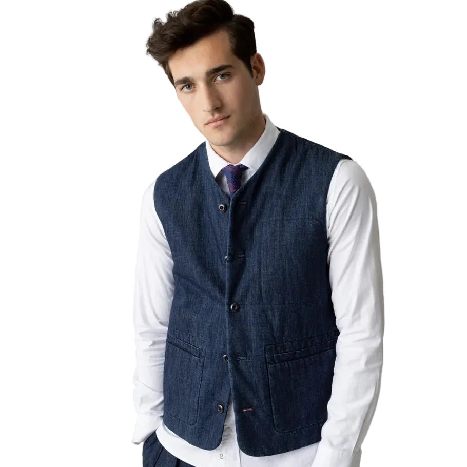 Mos Mosh Gallery Pisa Waistcoat Blue Chambray - Merchant Menswear