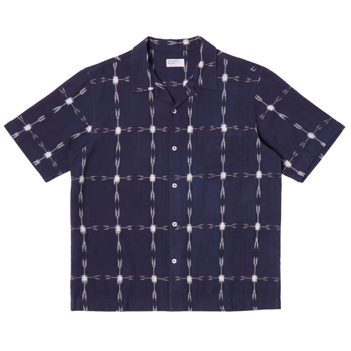 Universal Works Road Shirt In Indian Indigo Ikat Front View