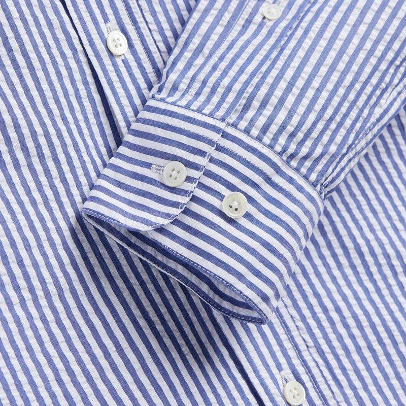 Portuguese Flannel Atlantico Classic Seersucker Stripe Shirt Blue - Merchant Menswear