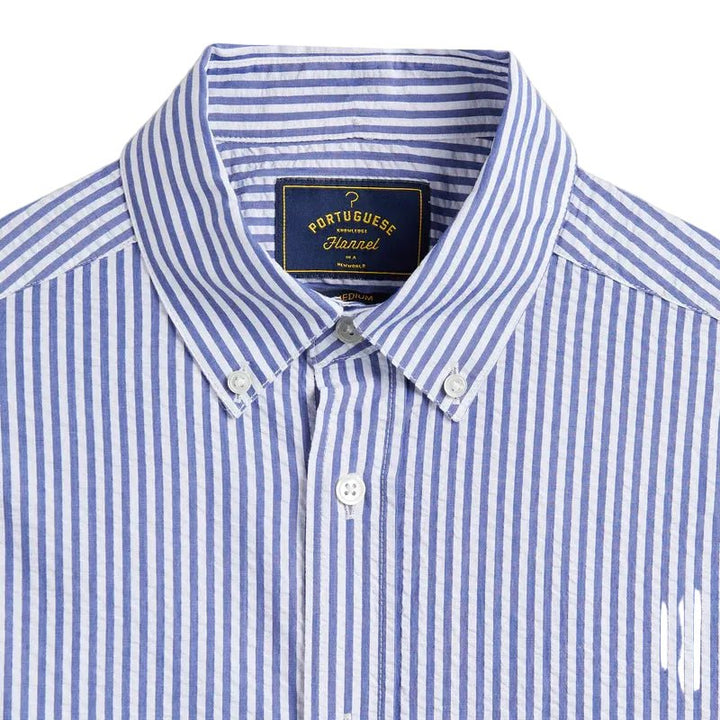 Portuguese Flannel Atlantico Classic Seersucker Stripe Shirt Blue - Merchant Menswear