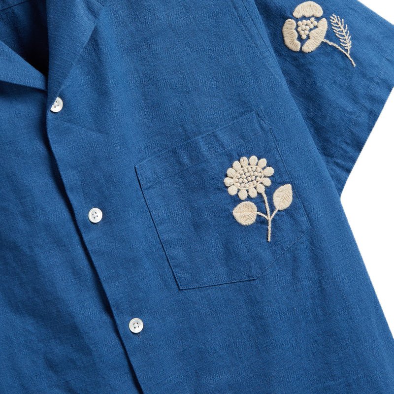 Portuguese Flannel Embroidery Nature Ramie Shirt Blue - Merchant Menswear