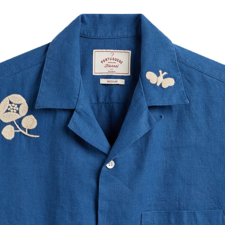 Portuguese Flannel Embroidery Nature Ramie Shirt Blue - Merchant Menswear