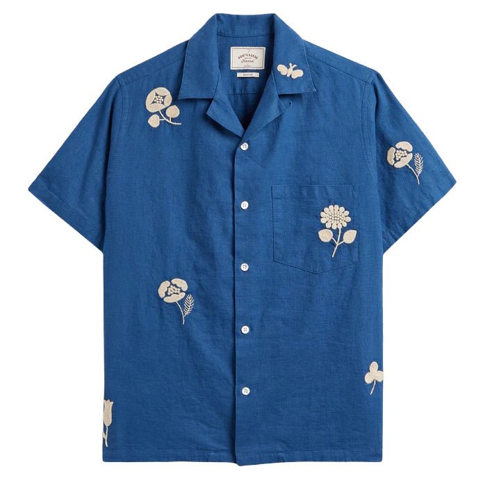 Portuguese Flannel Embroidery Nature Ramie Shirt Blue - Merchant Menswear