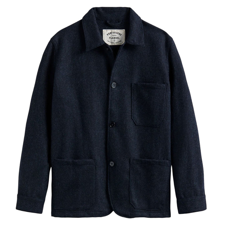 Portuguese Flannel Labura Herringbone Wool Chore Jacket Navy - Merchant Menswear