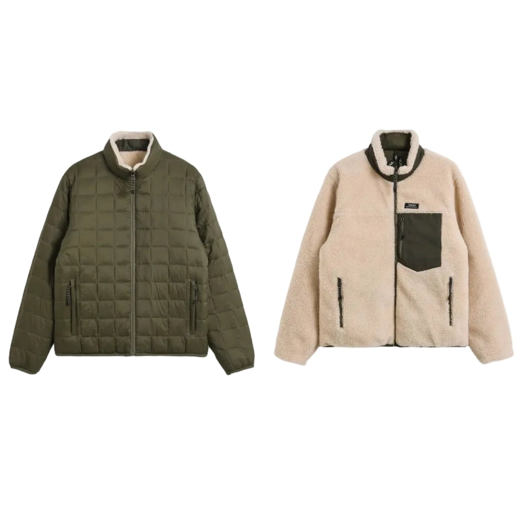 Taion Hi Neck Boa Fleece Mountain Reversible Jacket Dark Olive x Cream - Merchant Menswear