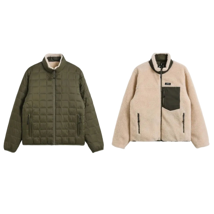 Taion Hi Neck Boa Fleece Mountain Reversible Jacket Dark Olive x Cream - Merchant Menswear