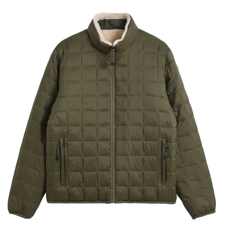 Taion Hi Neck Boa Fleece Mountain Reversible Jacket Dark Olive x Cream - Merchant Menswear