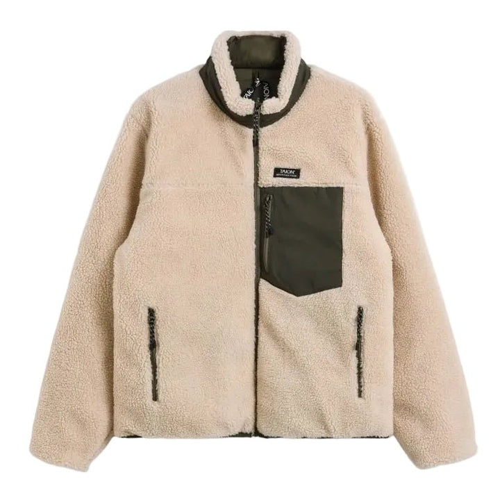 Taion Hi Neck Boa Fleece Mountain Reversible Jacket Dark Olive x Cream - Merchant Menswear