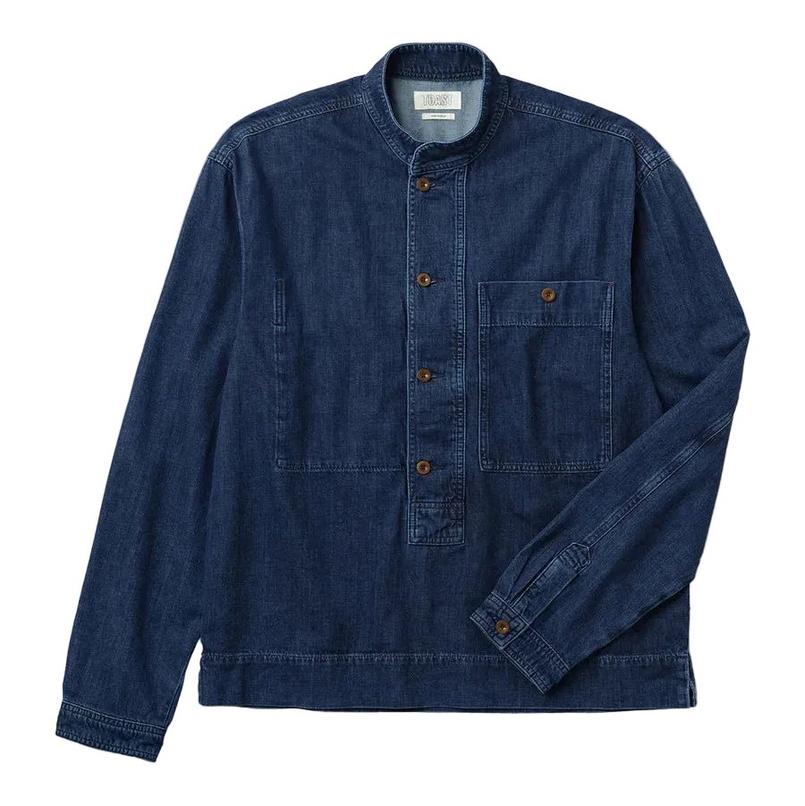 Toast Menswear Grandad Collar Half Placket Denim Shirt Indigo Blue - Merchant Menswear