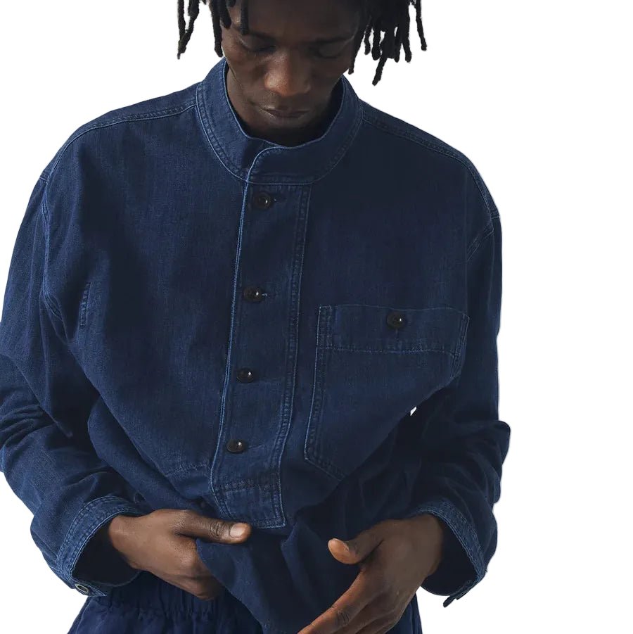 Toast Menswear Grandad Collar Half Placket Denim Shirt Indigo Blue - Merchant Menswear