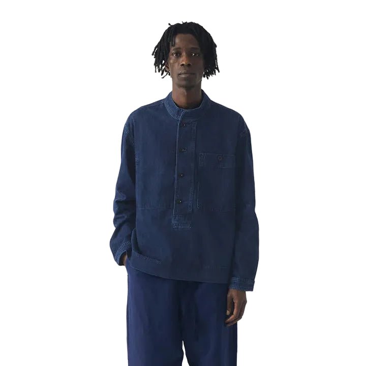 Toast Menswear Grandad Collar Half Placket Denim Shirt Indigo Blue - Merchant Menswear