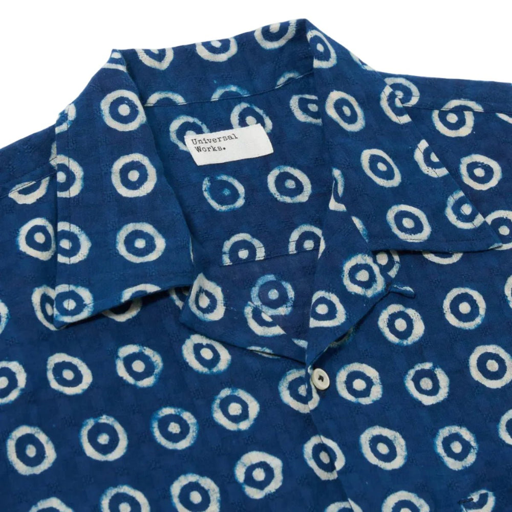 Universal Works Block Print Circles Camper Shirt Indigo - Merchant Menswear