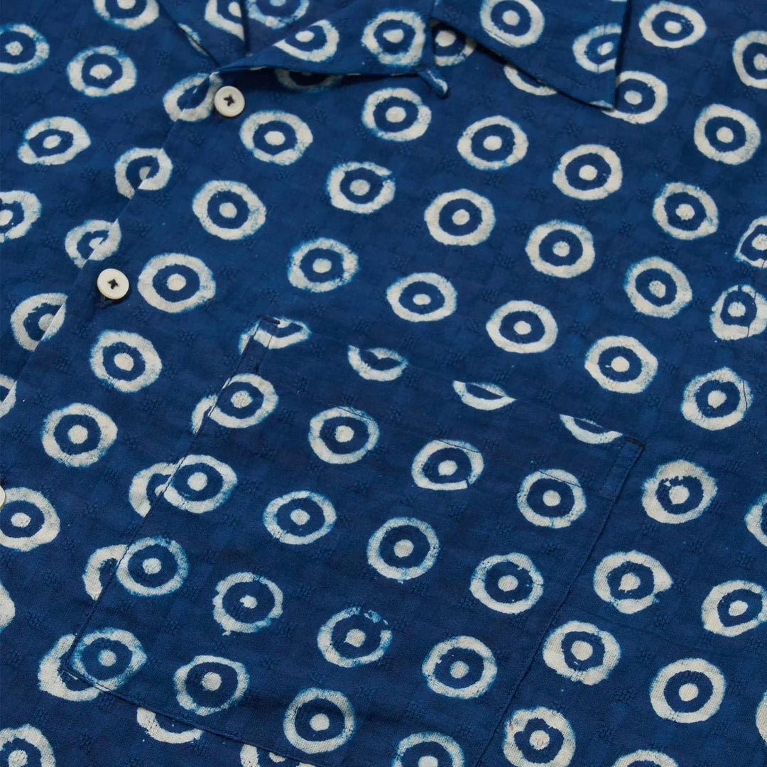 Universal Works Block Print Circles Camper Shirt Indigo - Merchant Menswear