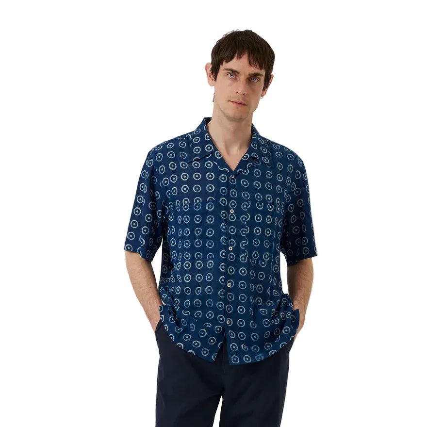 Universal Works Block Print Circles Camper Shirt Indigo - Merchant Menswear