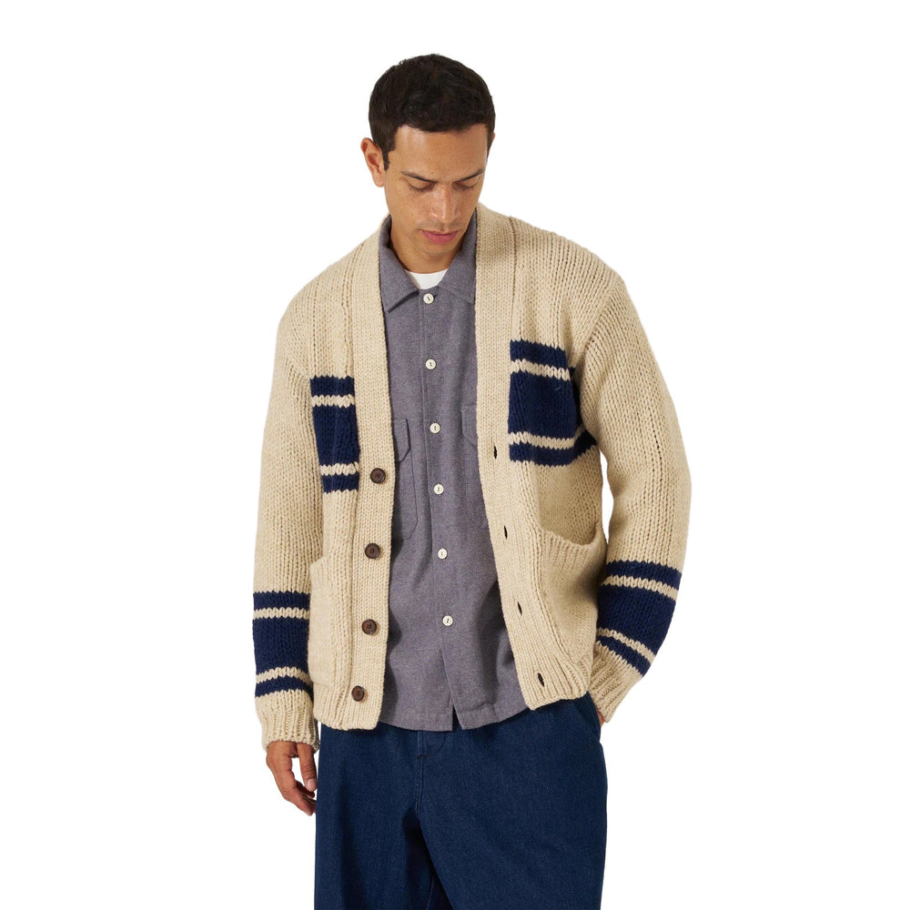 Universal Works Langdale Chunky Stripe Wool Cardigan Sand - Merchant Menswear