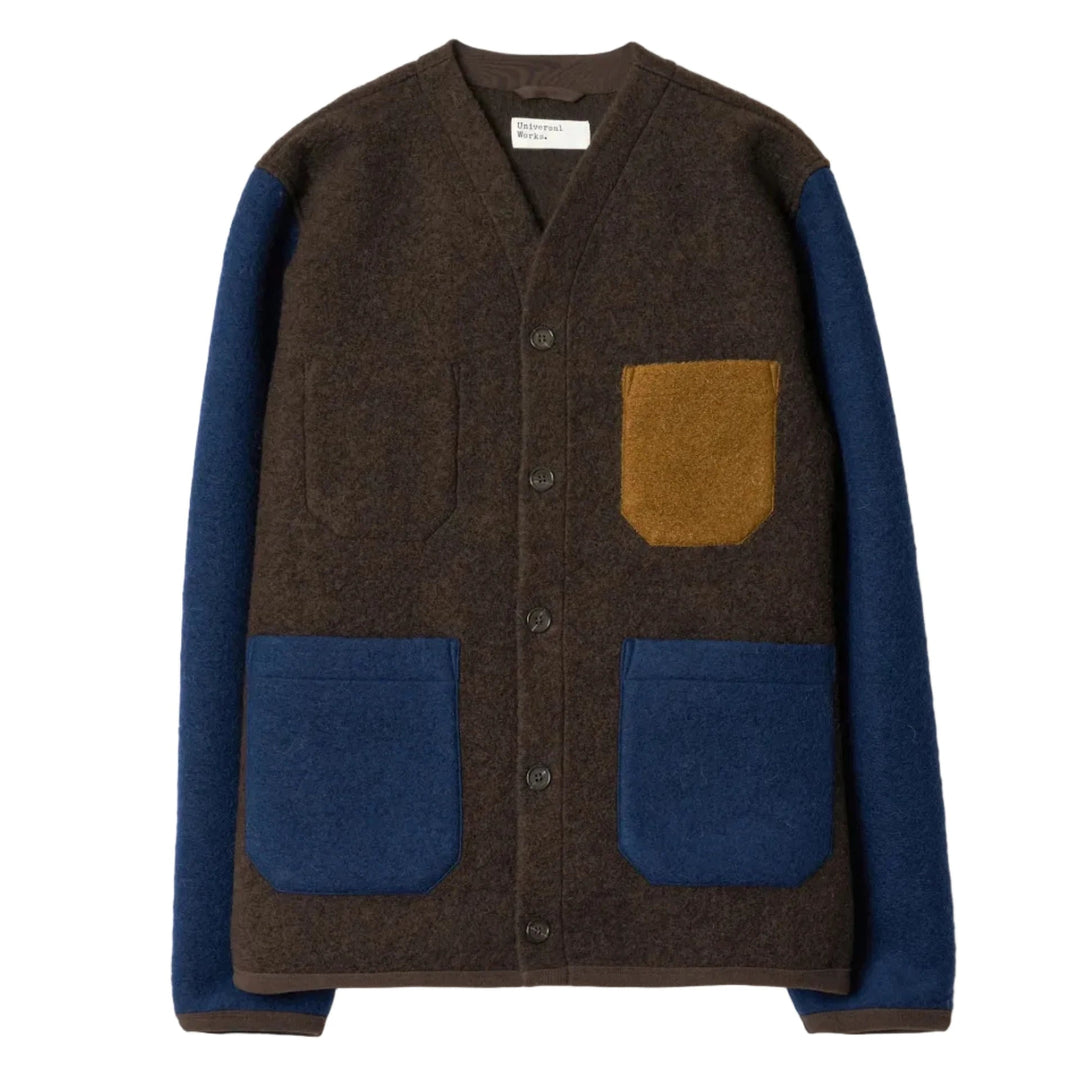 Universal Works Wool Fleece Cardigan Brown/Indigo - Merchant Menswear