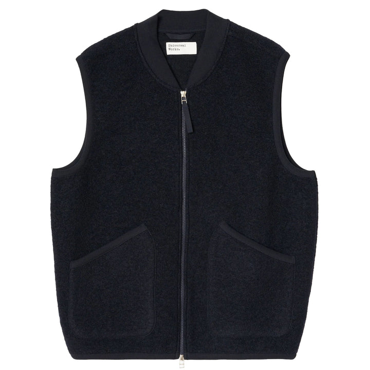 Universal Works Zip Waistcoat Wool Fleece Navy - Merchant Menswear