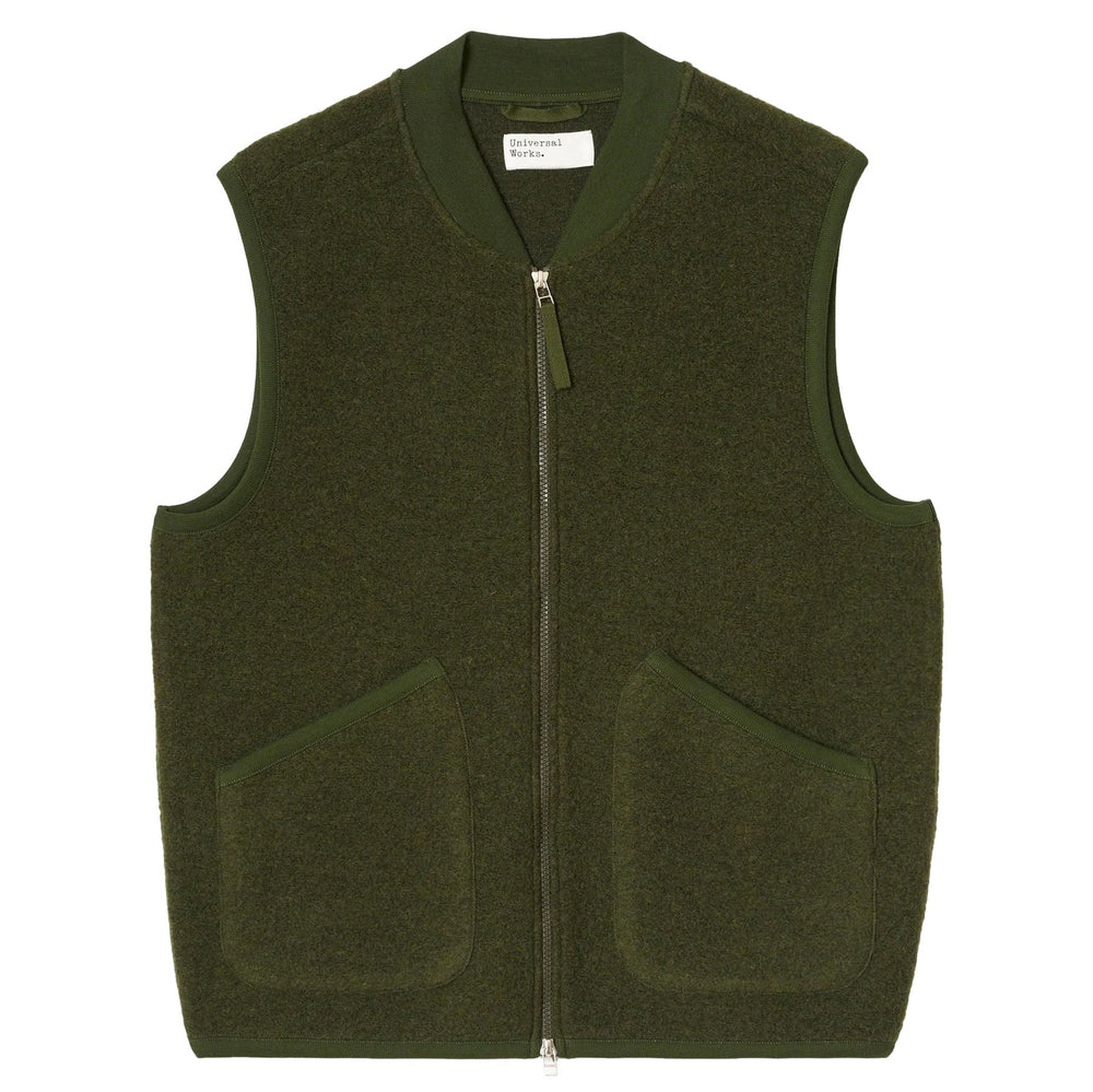 Universal Works Zip Waistcoat Wool Fleece Olive - Merchant Menswear