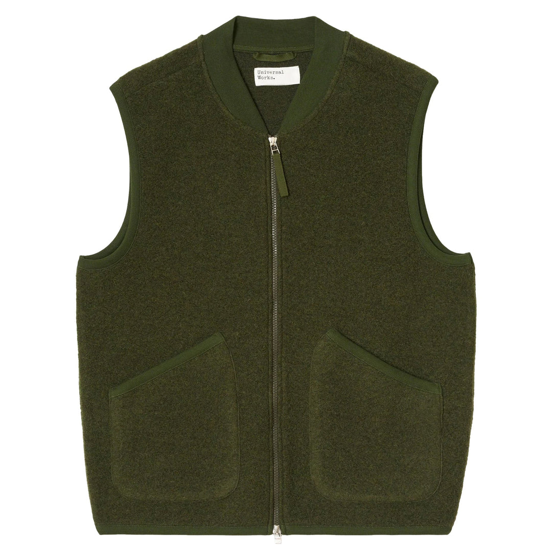 Universal Works Zip Waistcoat Wool Fleece Olive - Merchant Menswear