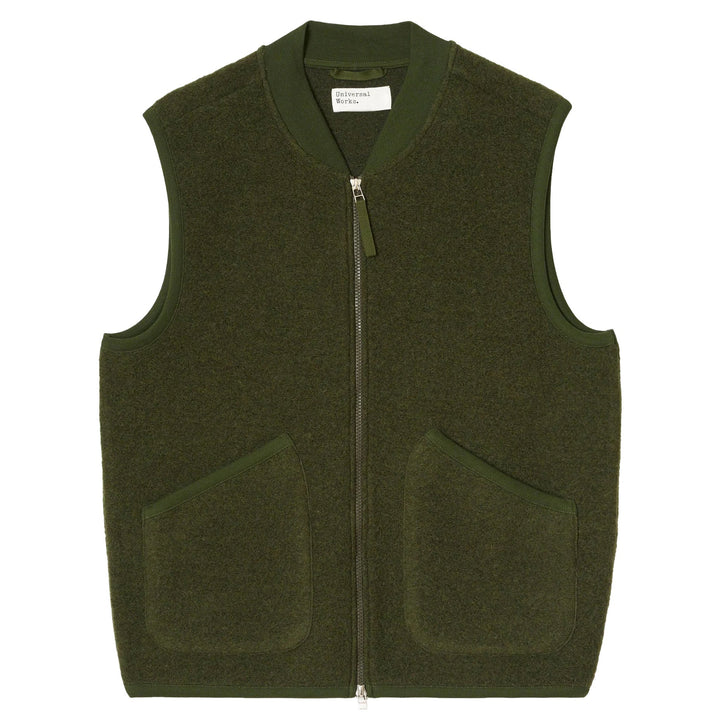 Universal Works Zip Waistcoat Wool Fleece Olive - Merchant Menswear