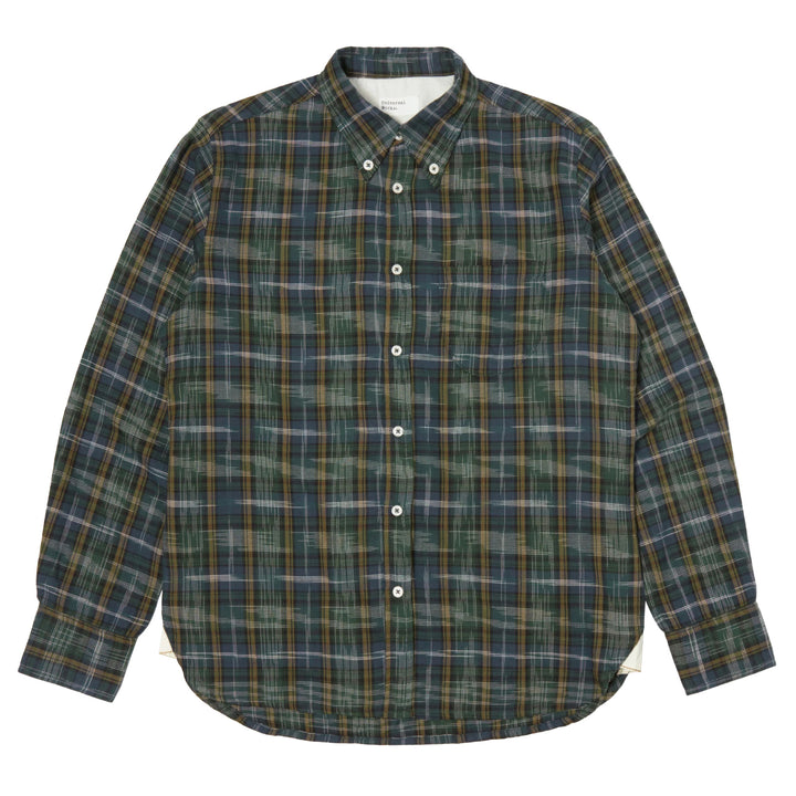universal works Daybrook Shirt Ikat Twill Check Green Front View