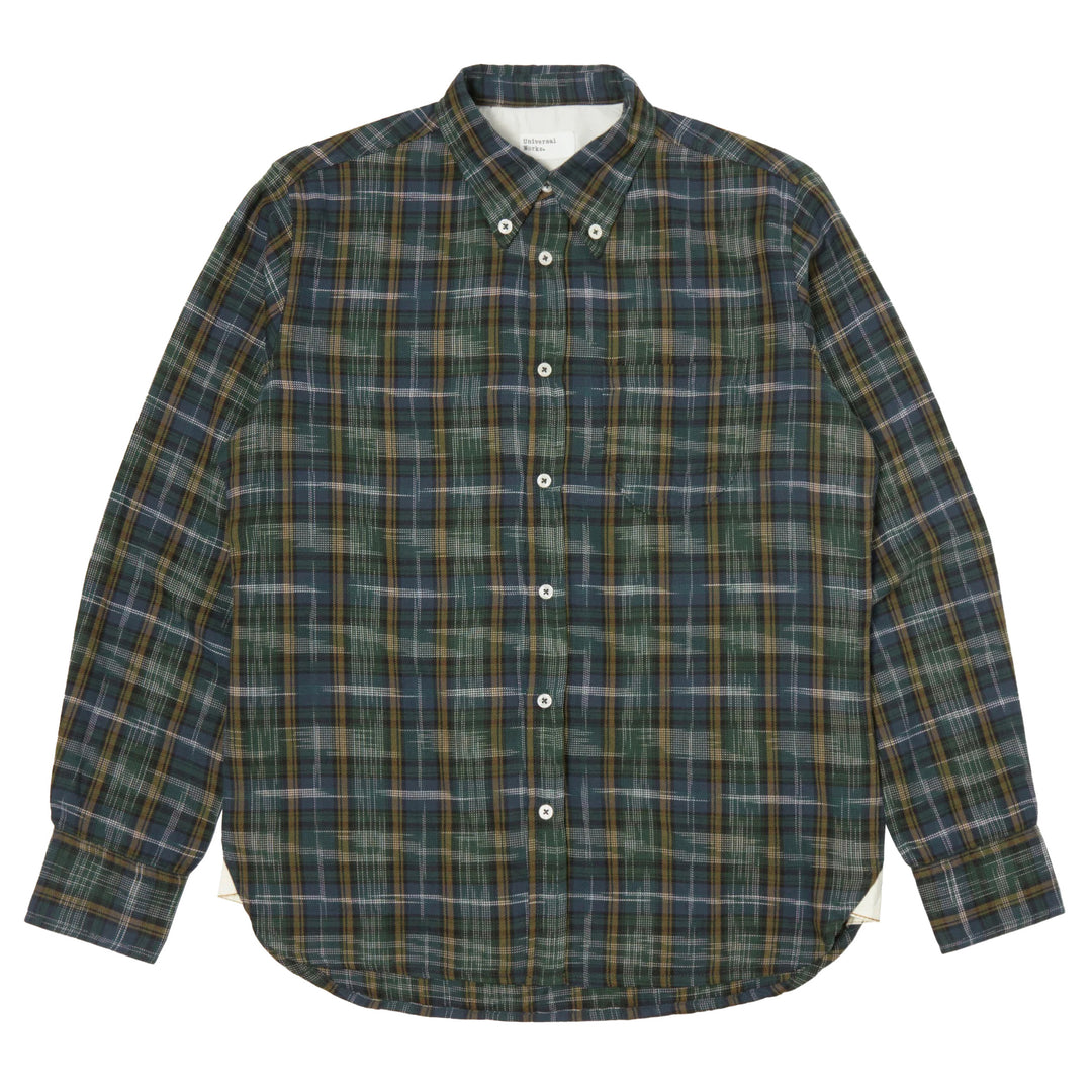 universal works Daybrook Shirt Ikat Twill Check Green Front View