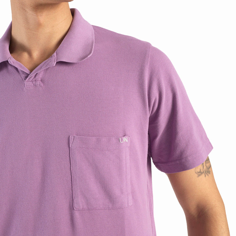 universal works Vacation Pique Polo In Lilac Model Close Up Image
